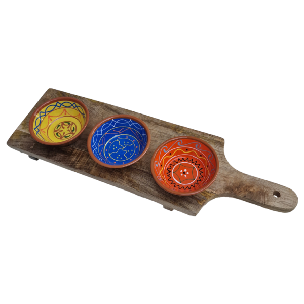 Houten serveerplank rechthoek + 3 tapas schaaltjes 